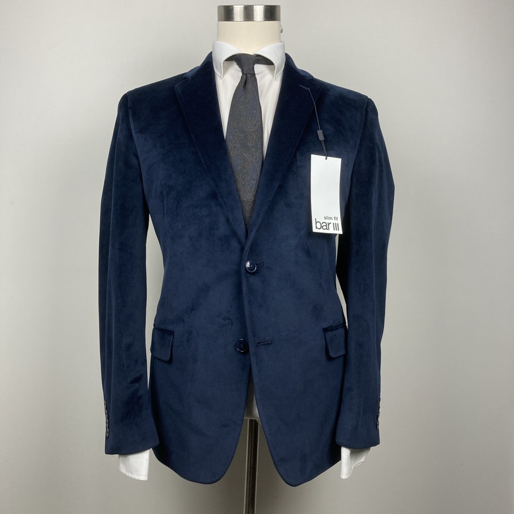 Bar III Mens Slim fit Velvet Sport Coat Blazer 38‎ R Navy Blue Solid